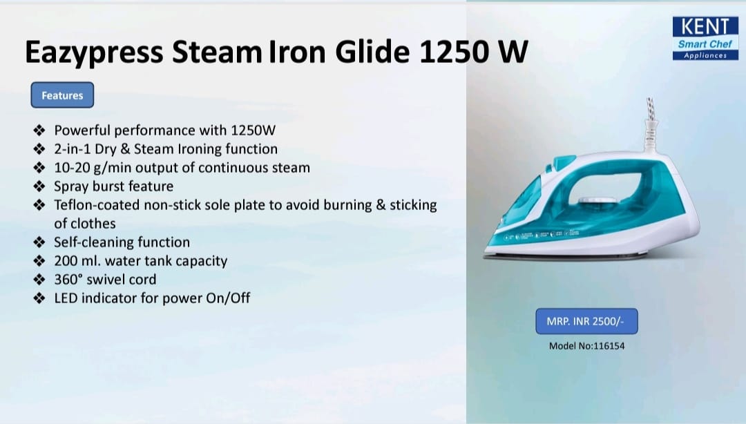 kent eazypress steam iron glide 1250w